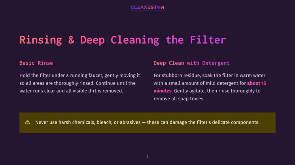 A Dark Purple Background With A Light Purple Gradient At The Top. Text Reads &Quot;Cleanestor&Quot; In White, With &Quot;Pro Cleaning Service And Home Services From Cleaning Experts&Quot; Below. The Main Text Reads &Quot;Rinsing &Amp; Deep Cleaning The Filter&Quot; In Large White Letters. Below This Are Two Sections: &Quot;Basic Rinse&Quot; And &Quot;Deep Clean With Detergent,&Quot; With Detailed Instructions For Filter Cleaning. A Yellow Triangle With An Exclamation Mark And The Text &Quot;Never Use Harsh Chemicals, Bleach, Or Abrasives -- These Can Damage The Filter'S Delicate Components.&Quot; Is At The Bottom. The Page Number &Quot;5&Quot; Is Centered At The Very Bottom.