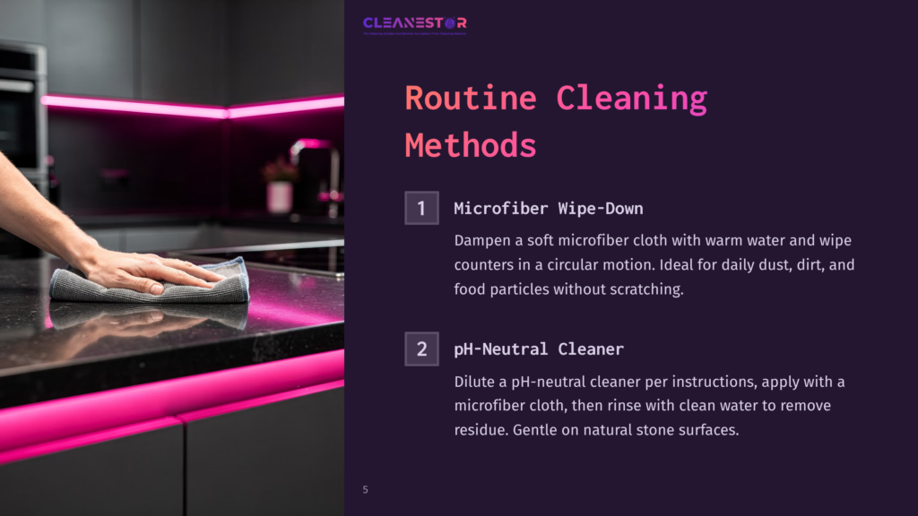 5 Routine Cleaning Methods A Hand With A Grey Microfiber Cloth Wipes Down A Dark, Polished Countertop With Pink Led Accent Lighting. Text On The Right Reads: &Quot;Cleanestor Routine Cleaning Methods 1 Microfiber Wipe-Down 2 Ph-Neutral Cleaner&Quot;.