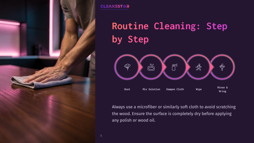 A Person Is Wiping A Polished Wooden Table With A Gray Microfiber Cloth, Following Routine Cleaning Steps: Dust, Mix Solution, Dampen Cloth, Wipe, Rinse &Amp; Wring. The Text &Quot;Cleanestor Routine Cleaning: Step By Step&Quot; Is Visible.
