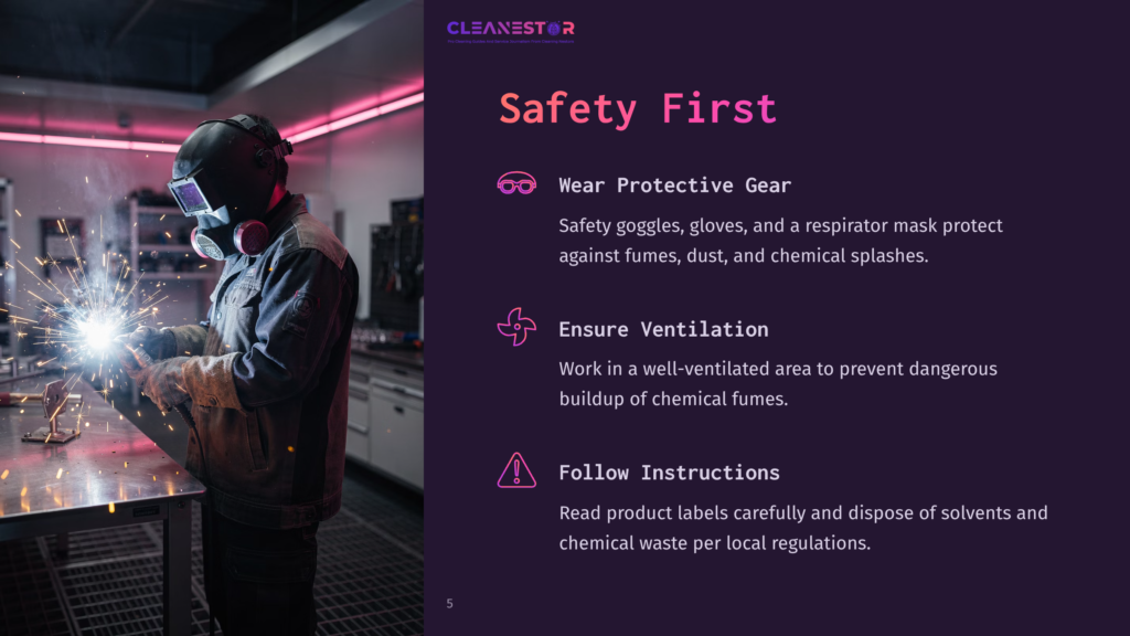 A Welder Wearing Protective Gear, Including A Helmet And Gloves, Works On A Project That Emits Bright Sparks And Light. The Text &Quot;Safety First&Quot; And Safety Tips Are Visible On The Right Side Of The Image.