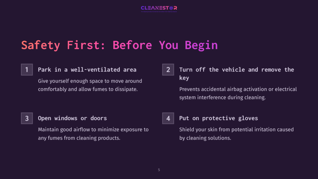 5 Safety First Before You Begin Safety First: Before You Begin Checklist With Four Points: Park In A Well-Ventilated Area, Turn Off The Vehicle And Remove The Key, Open Windows Or Doors, And Put On Protective Gloves. The Text Is On A Dark Purple Background With A Subtle Gradient.