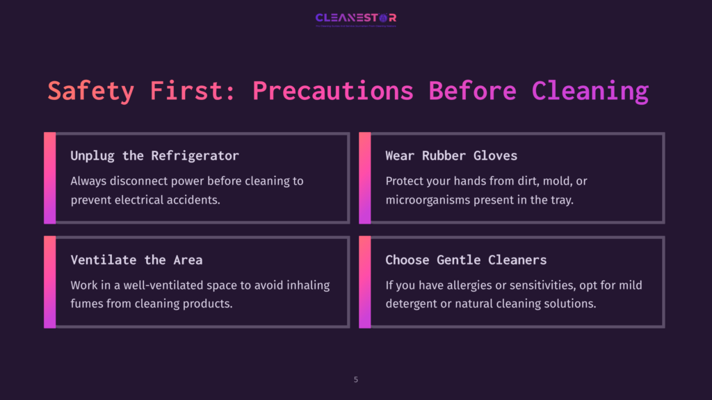 Safety Tips For Cleaning A Refrigerator, Featuring Four Colored Boxes With Text On Precautions: Unplug, Wear Gloves, Ventilate, And Choose Gentle Cleaners.