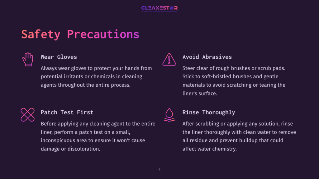 5 Safety Precautions Safety Precautions For Cleaning: Wear Gloves, Avoid Abrasives, Patch Test First, And Rinse Thoroughly. The Text Is On A Dark Purple Background With Stylized Icons.