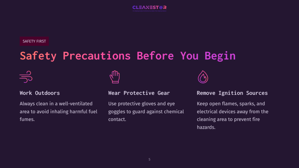 On A Dark Purple Background, Text Outlines Safety Precautions: Work Outdoors, Wear Gloves And Goggles, And Remove Ignition Sources.