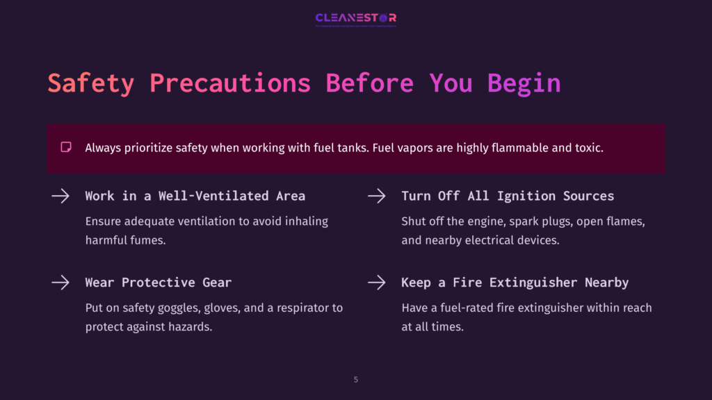 Safety Precautions Before You Begin: Work In A Well-Ventilated Area, Turn Off All Ignition Sources, Wear Protective Gear, And Keep A Fire Extinguisher Nearby. Includes Text About Fuel Vapors Being Flammable And Toxic.