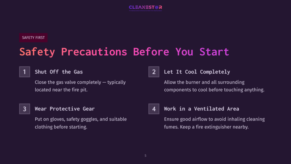 Slide 5 Of A Presentation Titled &Quot;Safety Precautions Before You Start,&Quot; Detailing Four Safety Steps: Shut Off The Gas, Let It Cool Completely, Wear Protective Gear, And Work In A Ventilated Area. The Background Is Dark Purple With A Subtle Gradient And A Faint Light Effect.