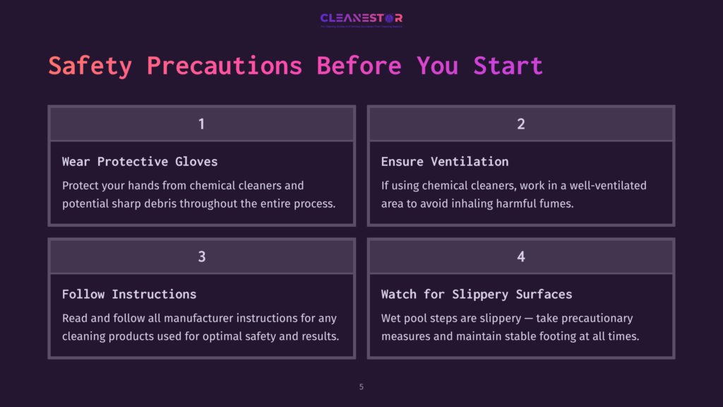 Safety Precautions Before You Start Cleaning: Wear Protective Gloves, Ensure Ventilation, Follow Instructions, And Watch For Slippery Surfaces. Text Overlayed On A Dark Background.