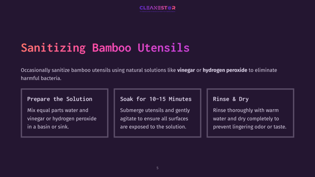Instructions For Sanitizing Bamboo Utensils On A Dark Purple Background, With White And Pink Text Outlining Preparation, Soaking, And Rinsing Steps.