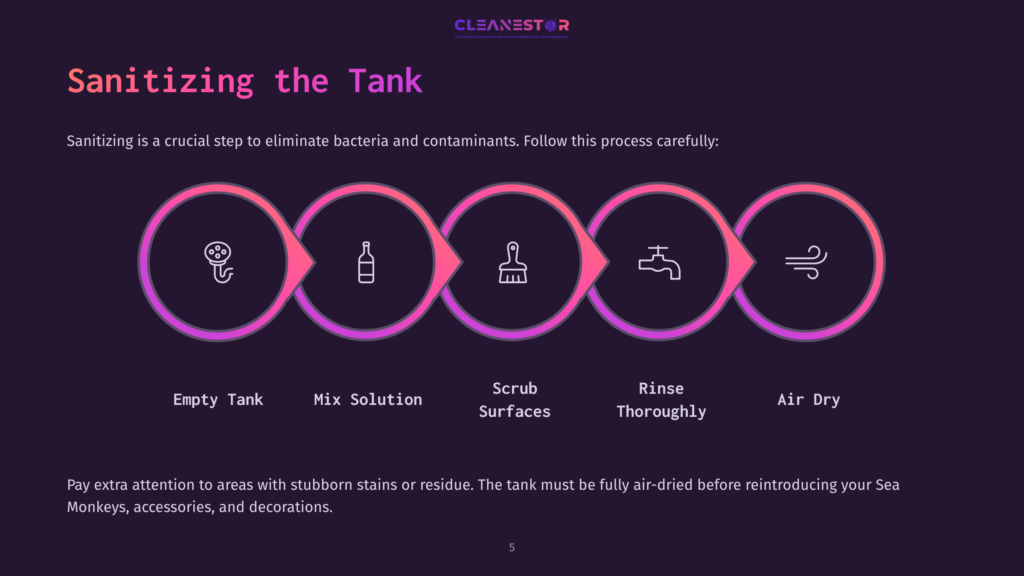 5 Sanitizing The Tank Illustration Of A Sanitizing Process With Five Steps: Empty Tank, Mix Solution, Scrub Surfaces, Rinse, And Air Dry, Using Purple And Pink Accents.