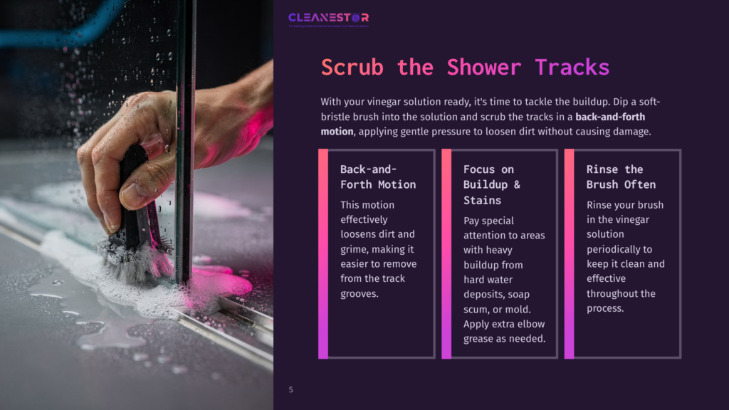 Close-Up Of A Hand Scrubbing A Shower Track With A Brush And Cleaning Solution, Creating Foam. Text Overlay Reads &Quot;Scrub The Shower Tracks&Quot;.