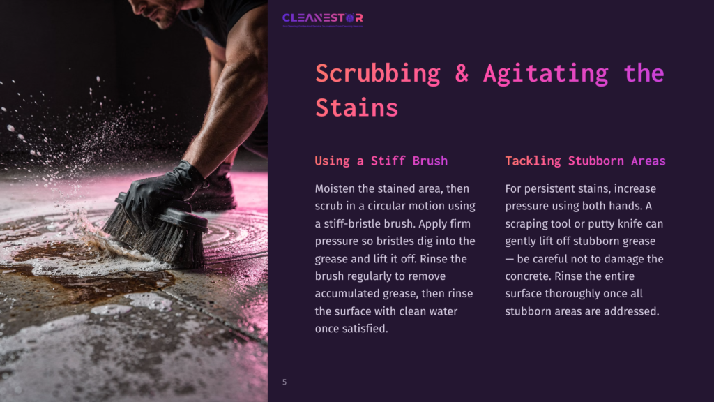 5 Scrubbing And Agitating The Stains Close-Up Of Gloved Hands Scrubbing A Dirty Floor With A Stiff Brush, Creating Foam And Suds. The Text &Quot;Cleanestor&Quot; Is Visible At The Top.
