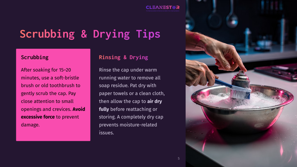 5 Scrubbing And Drying Tips Close-Up Of Hands Scrubbing A Cap In A Bowl Of Soapy Water, With Text Overlay &Quot;Scrubbing &Amp; Drying Tips&Quot; And &Quot;Cleanestor&Quot;.