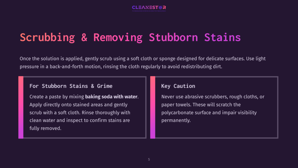 Text Instruction On Cleaning Polycarbonate Windshields, Featuring A Dark Background With Highlighted Tips In Purple And White.