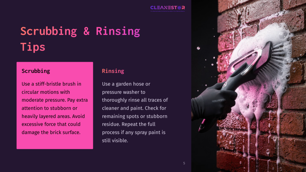 A Hand Scrubbing Brick With A Stiff Brush While Water Sprays, Against A Dark Background With Text On Cleaning Tips.