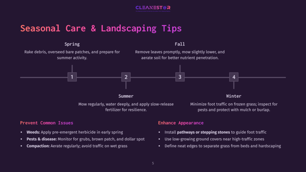 Seasonal Care And Landscaping Tips Timeline For Spring, Summer, Fall, And Winter. Includes Common Issues Like Weeds, Pests, And Compaction, And Appearance Enhancements Like Pathways.