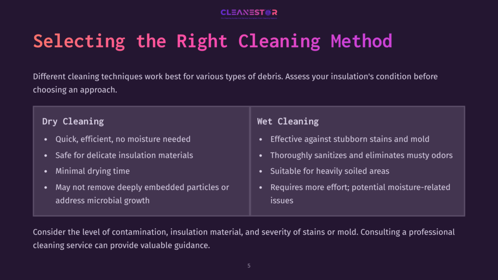 Flowchart Outlining The Right Cleaning Methods For Attic Insulation, Detailing Dry And Wet Cleaning Techniques With Key Benefits.