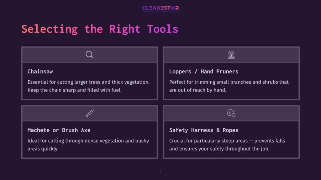 5 Selecting The Right Tools A Dark Purple Infographic Titled &Quot;Selecting The Right Tools&Quot; Outlines Four Essential Gardening Tools: Chainsaw, Loppers / Hand Pruners, Machete Or Brush Axe, And Safety Harness &Amp; Ropes, With Brief Descriptions For Each.