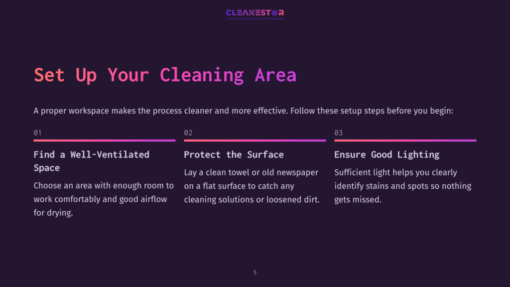 Graphic With The Cleanestor Logo And Text &Quot;Set Up Your Cleaning Area,&Quot; Outlining Three Steps: &Quot;Find A Well-Ventilated Space,&Quot; &Quot;Protect The Surface,&Quot; And &Quot;Ensure Good Lighting.