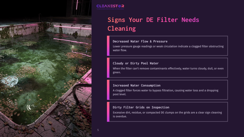 A Neglected, Murky Swimming Pool Filled With Debris, Leaves, And Algae. The Water Is A Dark Green, And The Pool Walls Are Stained. Pink Underwater Lights Cast An Eerie Glow On The Scene. Text Overlay Reads &Quot;Cleanestor&Quot; And &Quot;Signs Your De Filter Needs Cleaning.