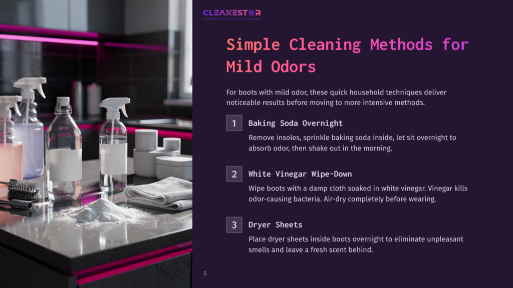 Cleanestor Logo And Text &Quot;Simple Cleaning Methods For Mild Odors&Quot; On A Dark Background, With An Image Of Cleaning Supplies Including Spray Bottles And Baking Soda.