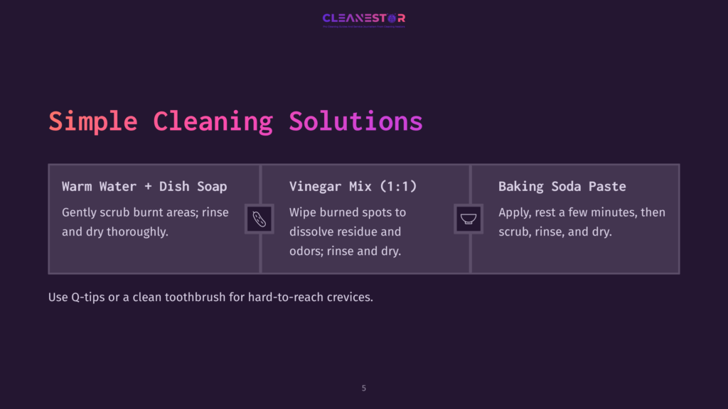 5 Simple Cleaning Solutions Three Cleaning Solutions For Burnt Cookware: Warm Water And Dish Soap, Vinegar Mix, And Baking Soda Paste. Text Details Methods For Each.
