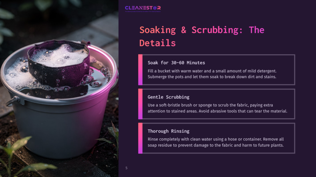 5 Soaking And Scrubbing The Details A Bucket Filled With Soapy Water And A Fabric Pot Submerged Inside, Accompanied By Cleaning Instructions In Purple And Pink Text.