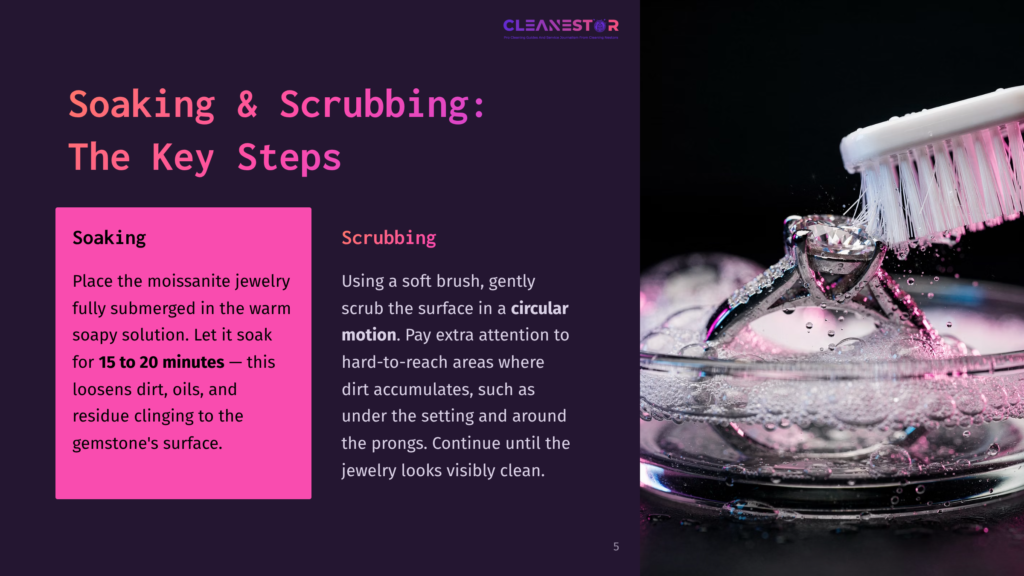 5 Soaking And Scrubbing The Key Steps A Soft Brush With Soapy Water Is Shown Next To A Bowl, Emphasizing The Process Of Soaking And Scrubbing Jewelry For Cleaning.