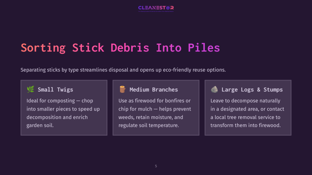 Illustration Showing Three Piles Of Sorted Stick Debris: Small Twigs For Composting, Medium Branches For Mulch, And Large Logs &Amp; Stumps For Firewood. Text: &Quot;Sorting Stick Debris Into Piles.