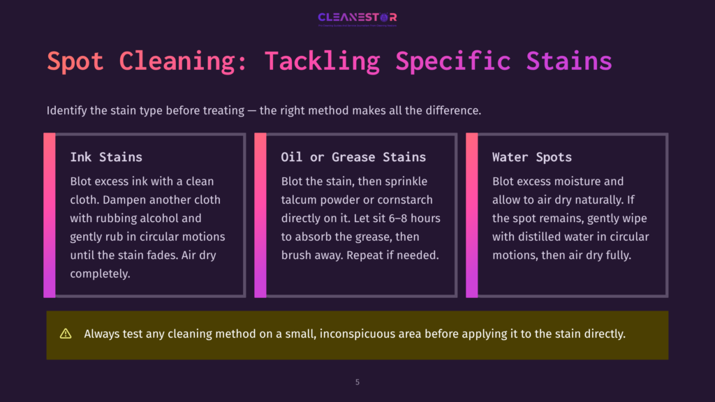 Cleanestor Graphic: &Quot;Spot Cleaning: Tackling Specific Stains&Quot; With Three Columns For Ink Stains, Oil Or Grease Stains, And Water Spots, Plus A Warning To Test Cleaning Methods First.