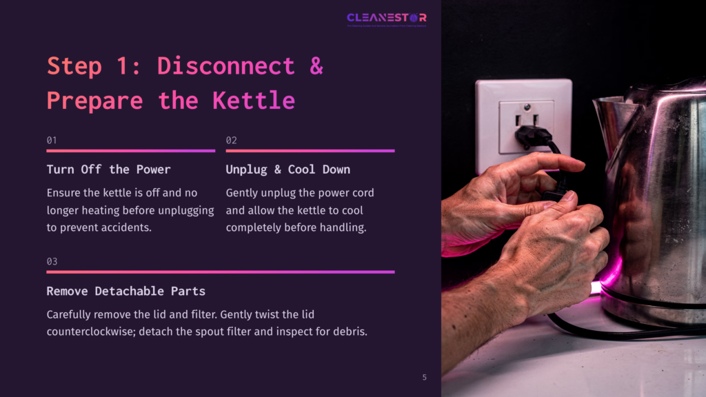 Hands Unplugging A Chefman Electric Kettle From A Wall Outlet, With Instructional Text Detailing Cleaning Steps On A Dark Purple Background.