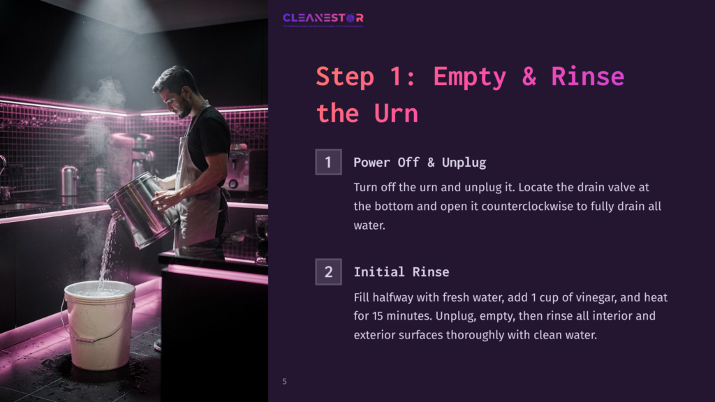 Step 1: Empty &Amp; Rinse The Urn. A Man In An Apron Pours Water From A Metal Urn Into A Bucket, With Pink Lighting Illuminating The Scene.