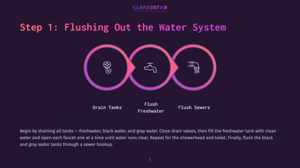 Step 1: Flushing Out The Water System Illustration Showing Three Circular Icons In A Row: A Drain Tank, A Faucet, And A Sewer Hookup, With Text Labels Below.