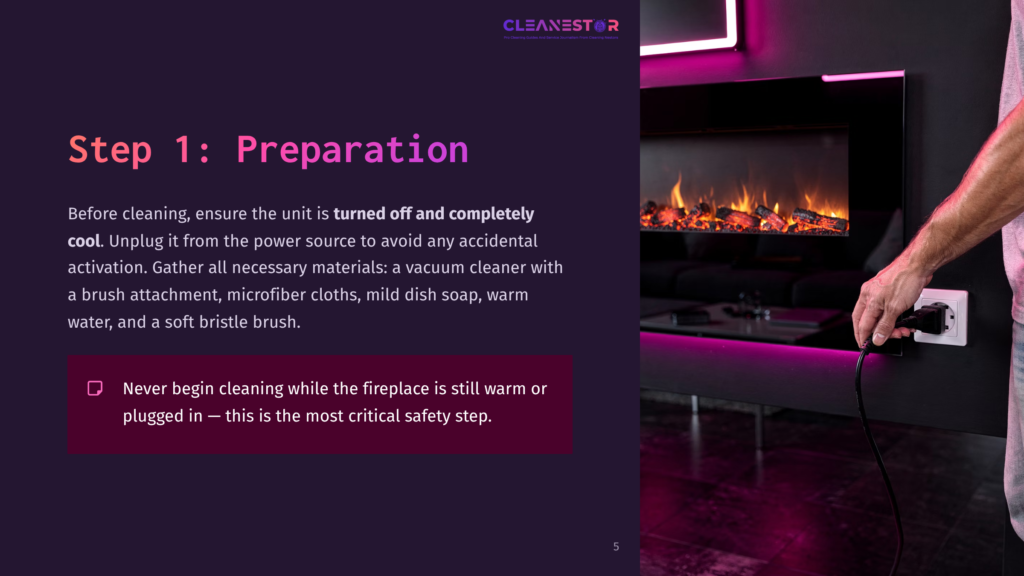 A Person Unplugging An Electric Fireplace, With A Pink-Lit Modern Fireplace In The Background And Cleaning Supplies Nearby.