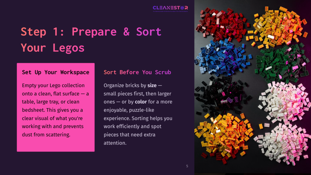 Top View Of Sorted Lego Bricks In Piles By Color: Red, Blue, Green, Black, And White. Text Overlay Reads &Quot;Step 1: Prepare &Amp; Sort Your Legos&Quot; And &Quot;Set Up Your Workspace&Quot; And &Quot;Sort Before You Scrub&Quot;.