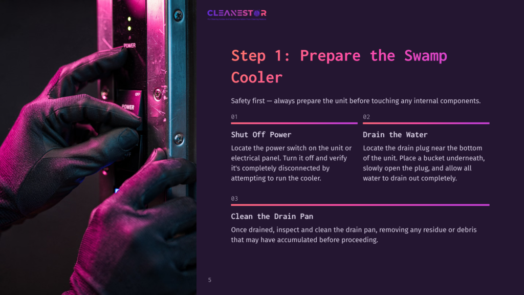 5 Step 1 Prepare The Swamp Cooler Close-Up Of Gloved Hands Reaching For The &Quot;Power&Quot; Button On A Dark Industrial Unit With Pink And Purple Lighting. Text Overlay Reads &Quot;Cleanestor&Quot; And &Quot;Step 1: Prepare The Swamp Cooler&Quot;.