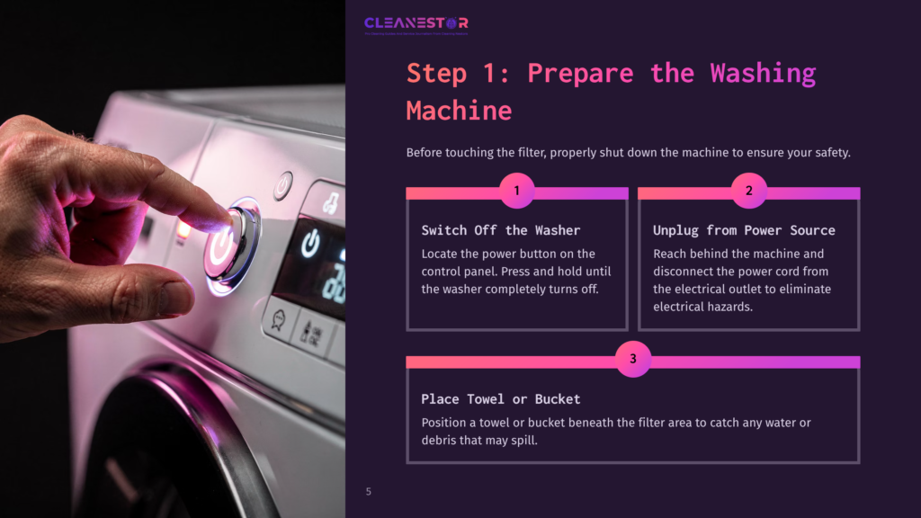 A Close-Up Of A Hand Turning A Washing Machine Knob, With A Purple-Themed Layout Displaying Instructions On Preparing The Machine For Cleaning.