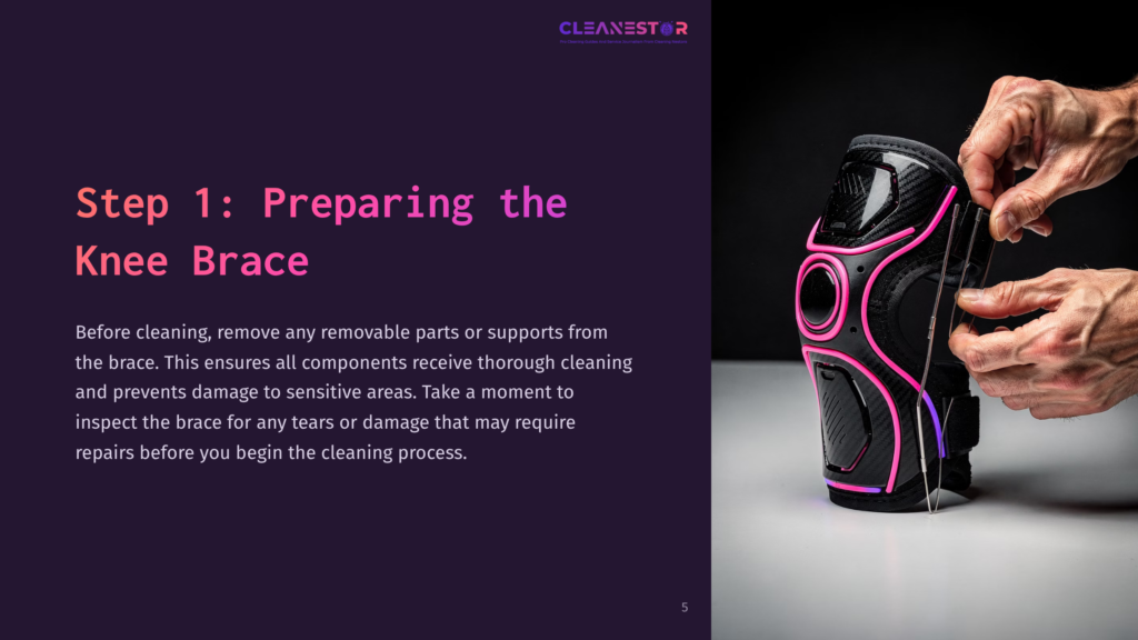 Close-Up Of A Neoprene Knee Brace With Pink Accents, Alongside A Hand Preparing To Clean It, Against A Dark Purple Background.