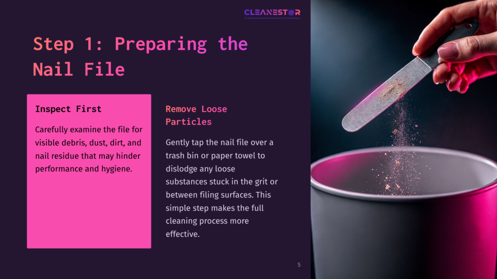 Step 1 Displays A Pink Nail File Above A Gray Container, With White Text Instructions On Inspecting And Removing Loose Particles.