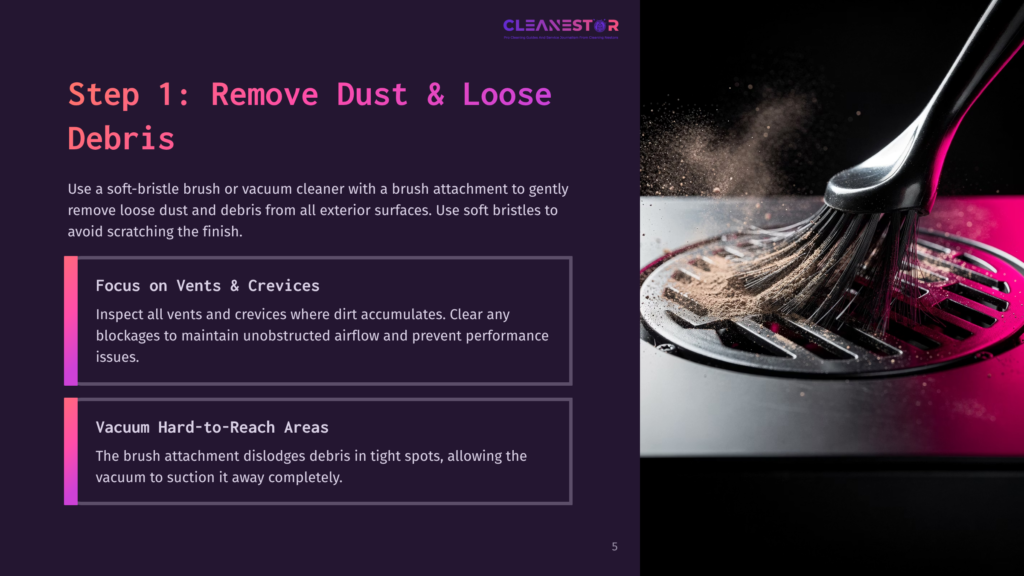 Close-Up Of A Black Cleaning Brush Dislodging Dust And Debris From A Metal Grate, With Fine Particles Flying In The Air Against A Dark, Magenta-Lit Background.