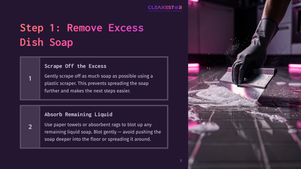 A Hand Using A Plastic Scraper To Remove Dish Soap From A Dark Floor, With Pink Lighting And A Cleanup Process Depicted In Steps.