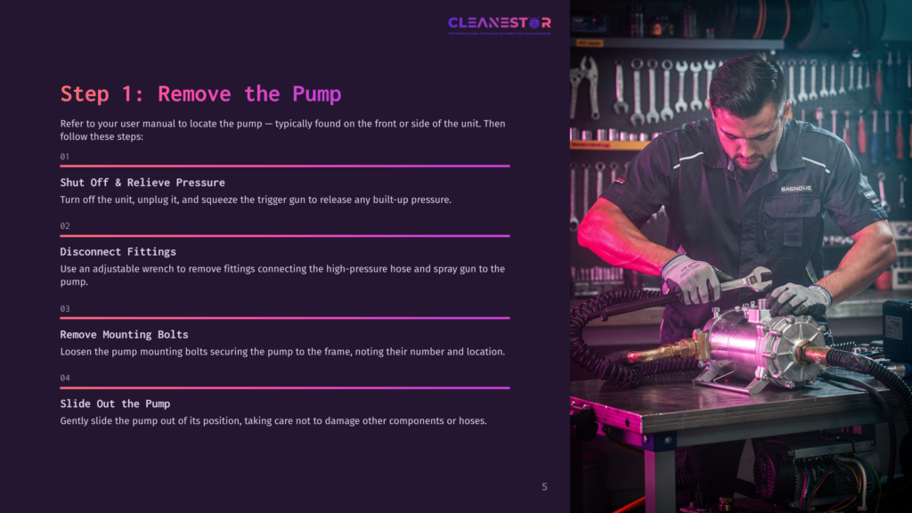 5 Step 1 Remove The Pump A Technician Disconnects A Pressure Washer Pump From Its Mounting While Surrounded By Tools On A Workbench. Dark Background, Highlighted Text.