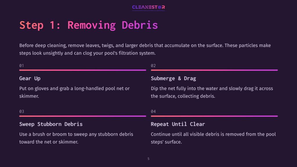 5 Step 1 Removing Debris Step 1: Removing Debris From A Pool. Instructions Include Gear Up, Submerge &Amp; Drag, Sweep Stubborn Debris, And Repeat Until Clear.