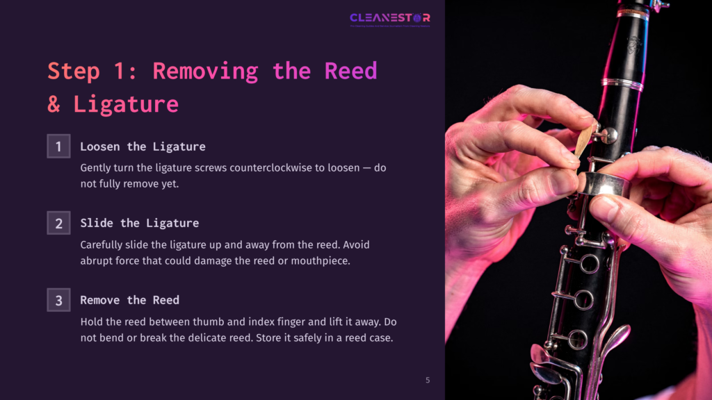 5 Step 1 Removing The Reed And Ligature Close-Up Of Hands Carefully Removing A Clarinet Ligature And Reed, With Text &Quot;Step 1: Removing The Reed &Amp; Ligature&Quot; Visible.