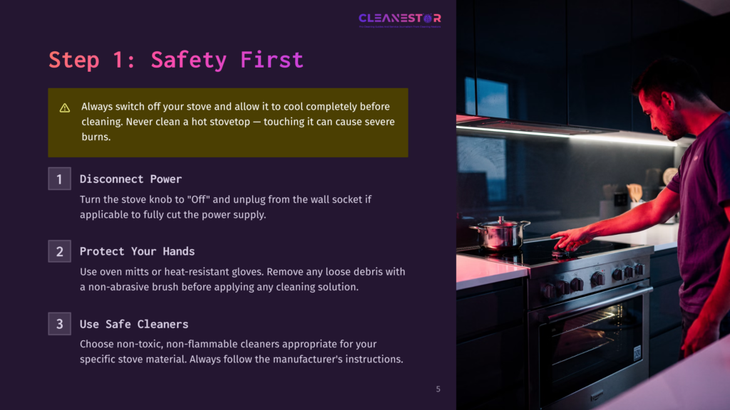 5 Step 1 Safety First Man In A Purple Shirt Cleaning A Modern Black Stovetop With A Non-Abrasive Brush And Spray Cleaner, Following Safety Instructions For A Spotless Kitchen.