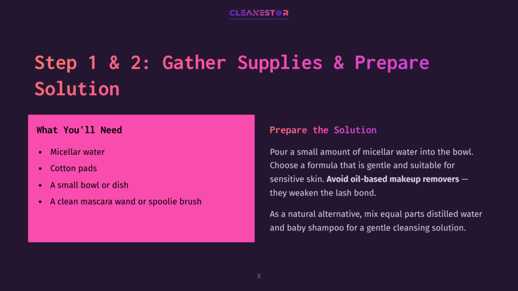 A Dark Background With Step-By-Step Instructions, Highlighting Micellar Water, Cotton Pads, And A Spoolie Brush In Bright Pink.