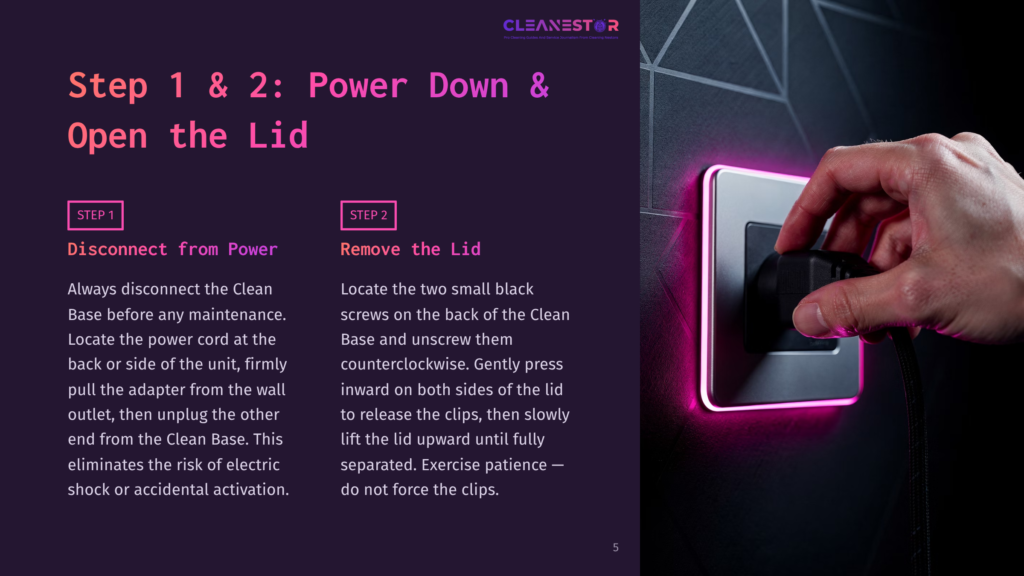5 Step 1 And 2 Power Down And Open The Lid Close-Up Of A Hand Plugging A Black Power Cord Into A Silver Wall Outlet With Glowing Pink Led Lights. The Image Illustrates Steps For Disconnecting And Removing A Lid, As Indicated By Text On The Left.