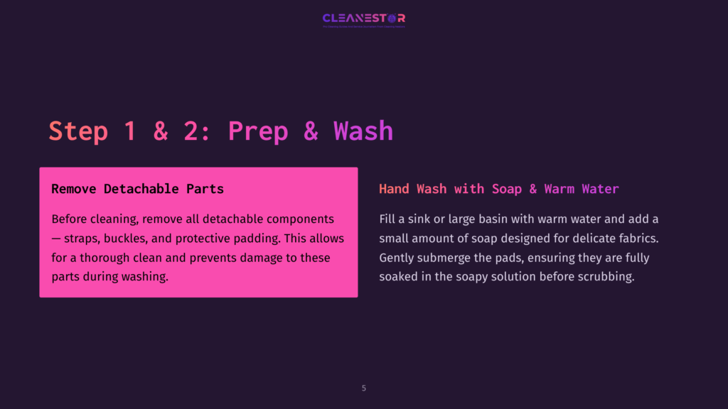 Instructions With A Pink Box Detailing Steps To Clean Goalie Pads, Set Against A Dark Background. Text Emphasizes Removing Detachable Parts.