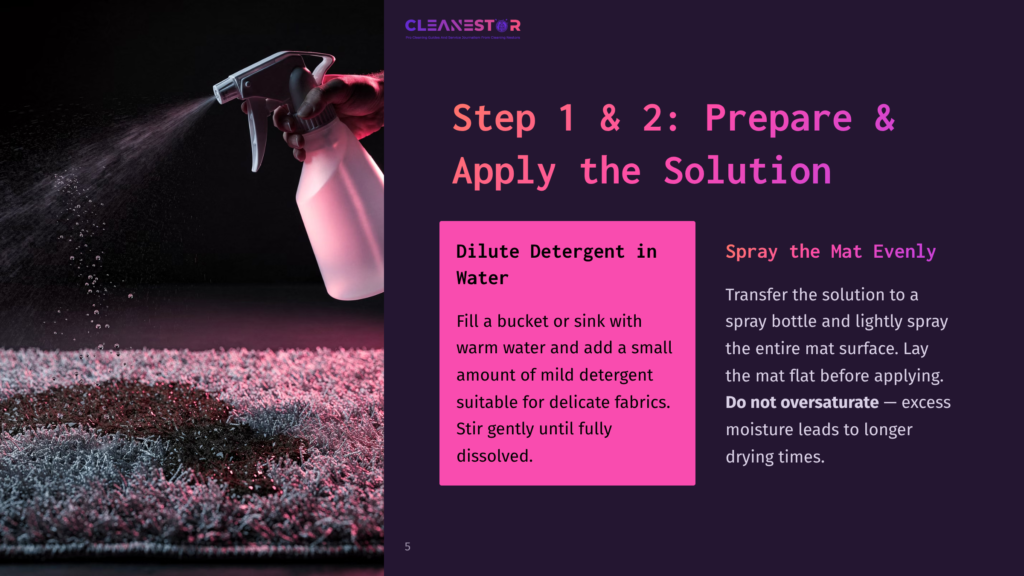 A Hand Sprays A Cleaning Solution From A Pink Bottle Onto A Grey Carpet, With Text Overlay Detailing How To Prepare And Apply The Solution For Effective Mat Cleaning.