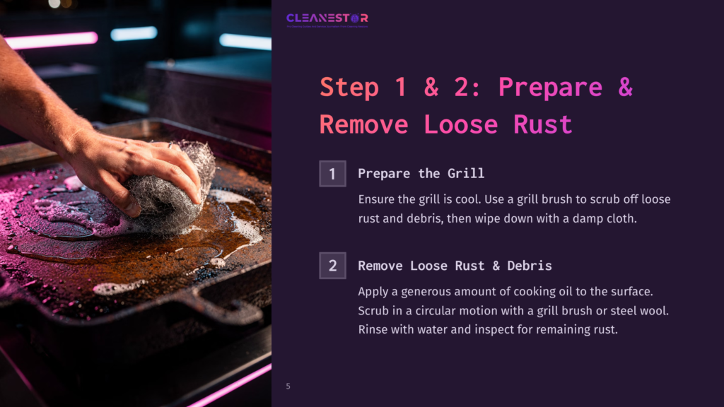 A Person Scrubbing A Rusty Cast Iron Grill Surface With A Brush, Surrounded By Water, With A Cloth Nearby, In A Dimly Lit Setting.