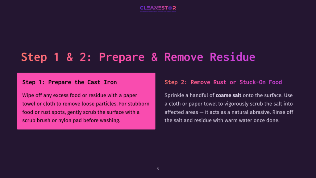 Text Instructions In Pink And White On A Dark Purple Background, Outlining Steps To Prepare Cast Iron And Remove Food Residue.